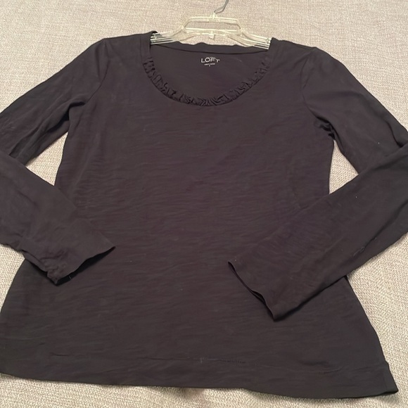 LOFT Long Sleeves Black Top with Ruffle Rounded Neckline Small - Picture 11 of 11